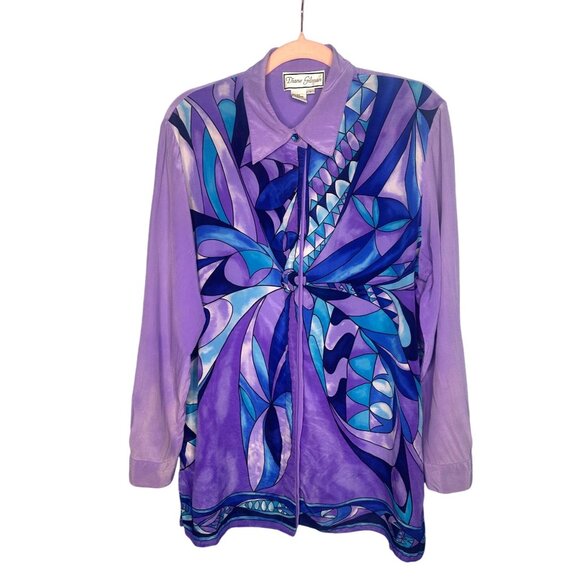 Diane Gilman Stained Glass Printed Silk Blouse With Blue Gem Details Long Sleeve - Picture 3 of 12